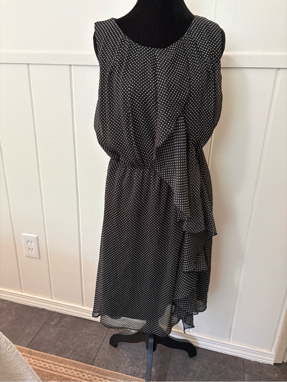 Maurice’s Black Polka Dot Sleeveless Midi Dress with Side Ruffle